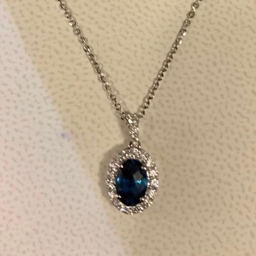 14KT Gold London Blue Sapphire Diamond Halo Necklace -Perfect Mother’s Day Gift!